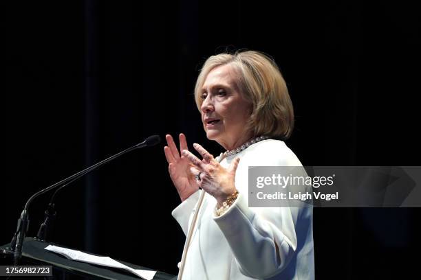 Hillary Clinton speaks onstage during the 22nd Annual Global Leadership Awards hosted by Vital Voices at The Kennedy Center on October 25, 2023 in...