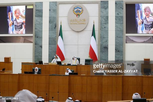 Kuwaiti lawmakers attend a special session of the Parliament on Gaza in Kuwait City on November 1, 2023.