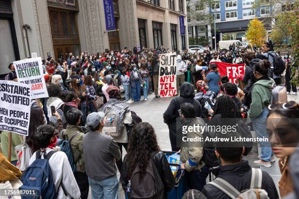 Pro Palestinian students at New York University hold a walk out from school to demonstrate against the Israeli bombardment of Gaza, October 25 in...