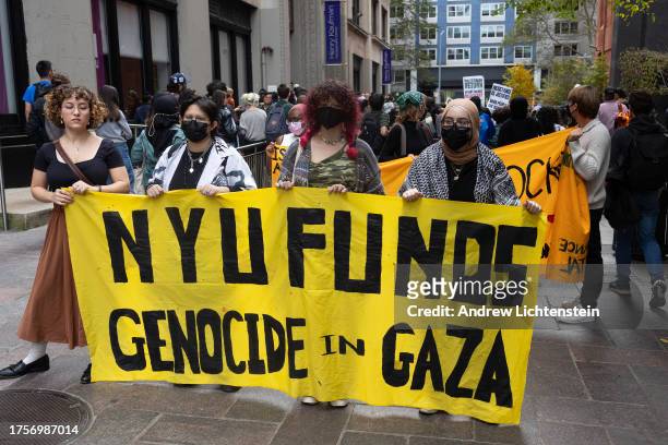 Pro Palestinian students at New York University hold a walk out from school to demonstrate against the Israeli bombardment of Gaza, October 25 in...