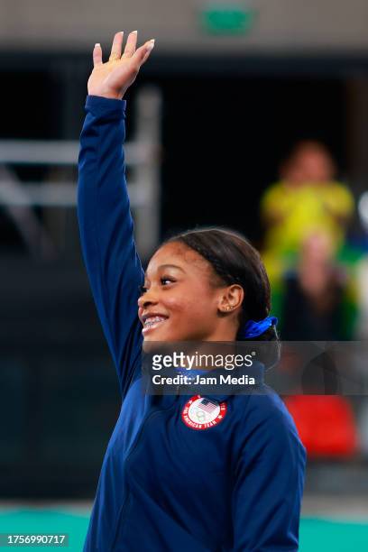 Kaliya Lincoln of United States celebrates during the medal ceremony in the Women's Floor Exercise Final as part of the Santiago 2023 Pan Am Games at...