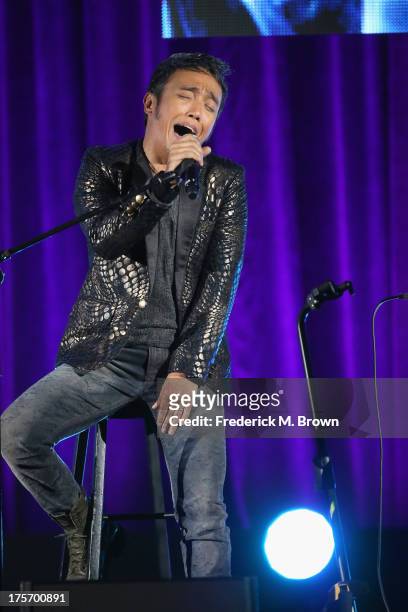 Journey band member lead vocalist Arnel Pineda performs onstage during the "Don't Stop Believin': Everyman's Journey" panel at the PBS portion of the...