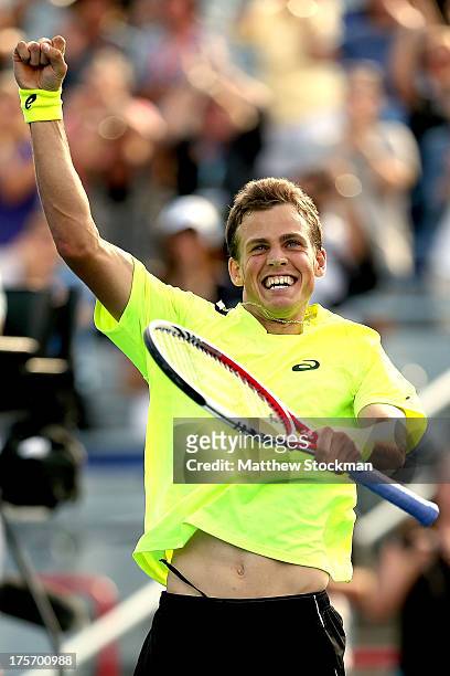 Vasek Pospisil of Canada celebrates his win over John Isner of the United States during the Rogers Cup at Uniprix Stadium on August 6, 2013 in...