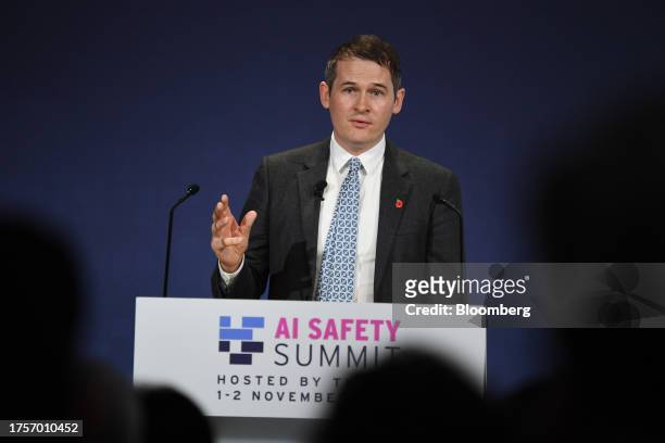 Ian Hogarth, chair of the UK frontier AI taskforce, speaks at the AI Safety Summit 2023 at Bletchley Park in Bletchley, UK, on Wednesday, Nov. 1,...