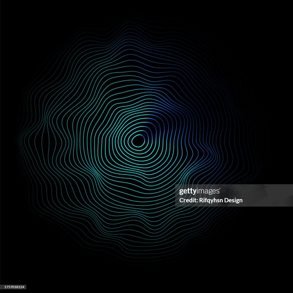 Moderne futuristische Wissenschaft und Technologie des Schallwellendesigns. Abstrakte Kreislinien wellen bunte violette und blaue Farbverläufe isoliert auf dunkelschwarzem Hintergrund.