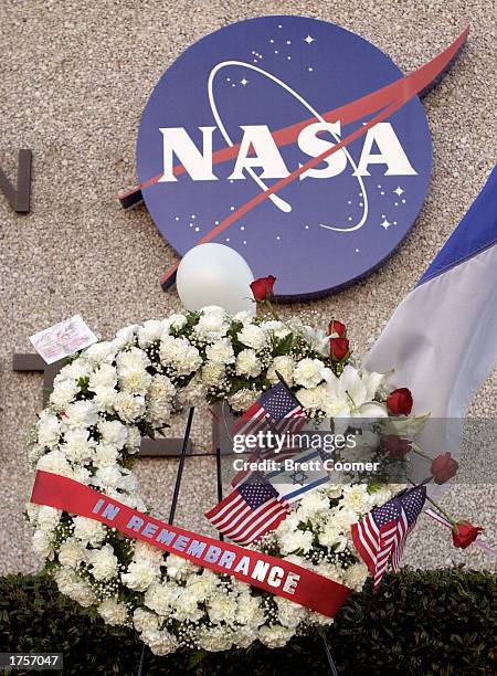 Wreath adorned with an Israeli and American flags stands in a makeshift memorial to the astronauts who were killed when the space shuttle Columbia...