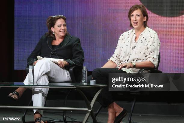 Chief Programming Executive and GM of General Audience Programming at PBS Beth Hoppe and actress Miranda Hart speak onstage during the "Call The...