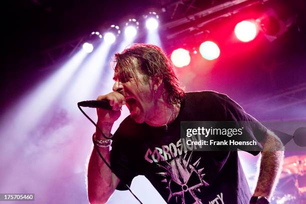 Singer Randy Blythe of Lamb of God performs live during a concert at the C-Club on August 6, 2013 in Berlin, Germany.