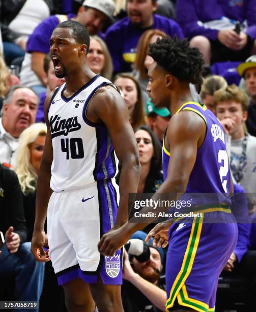 Harrison Barnes of the Sacramento Kings celebrates a play during the first half of a game against the Utah Jazz at Delta Center on October 25, 2023...