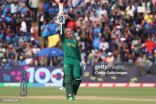 Rassie van der Dussen of South Africa celebrates after scoring a hundred during the ICC Men's Cricket World Cup 2023 match between South Africa and...