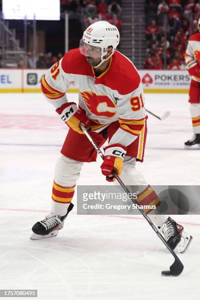 Nazem Kadri of the Calgary Flames skates against the Detroit Red Wings at Little Caesars Arena on October 22, 2023 in Detroit, Michigan.