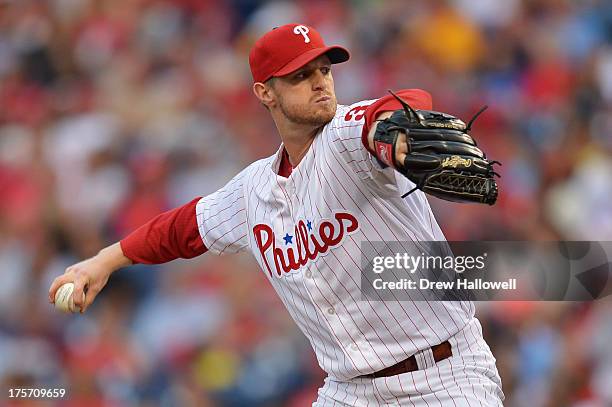 Starting pitcher Kyle Kendrick of the Philadelphia Phillies delivers a pitch against the Chicago Cubs at Citizens Bank Park on August 6, 2013 in...