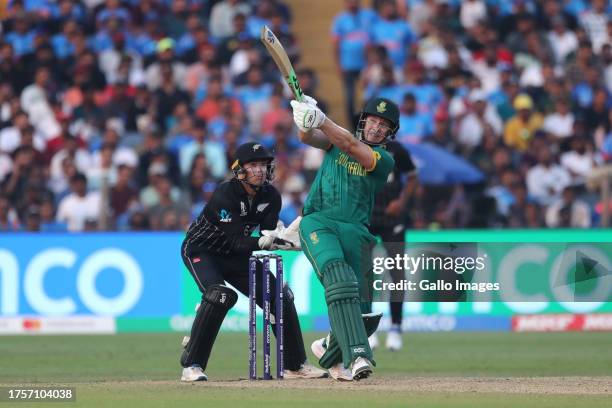 David Miller of South Africa plays a shot during the ICC Men's Cricket World Cup 2023 match between South Africa and New Zealand at MCA International...