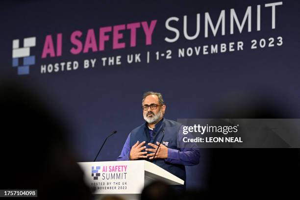 India's Electronics and Information Technology Minister Rajeev Chandrasekhar speaks during the UK Artificial Intelligence Safety Summit at Bletchley...