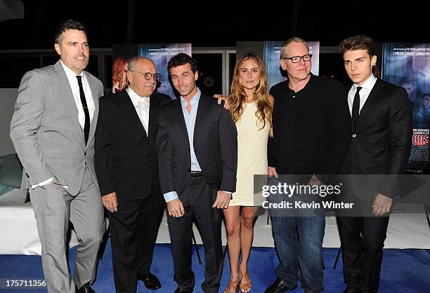 Producer Braxton Pope, director Paul Schrader, actors James Deen, Amanda Brooks, writer Bret Easton Ellis, and actor Nolan Gerard Funk arrives at the...