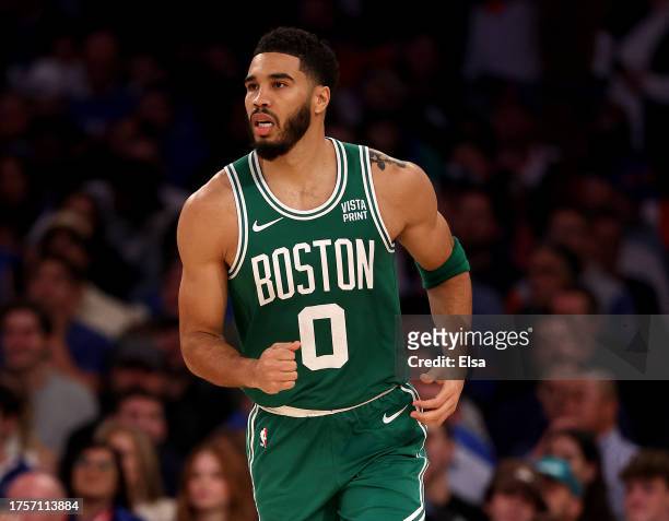 Jayson Tatum of the Boston Celtics celebrates in the fourth quarter against the New York Knicks at Madison Square Garden on October 25, 2023 in New...
