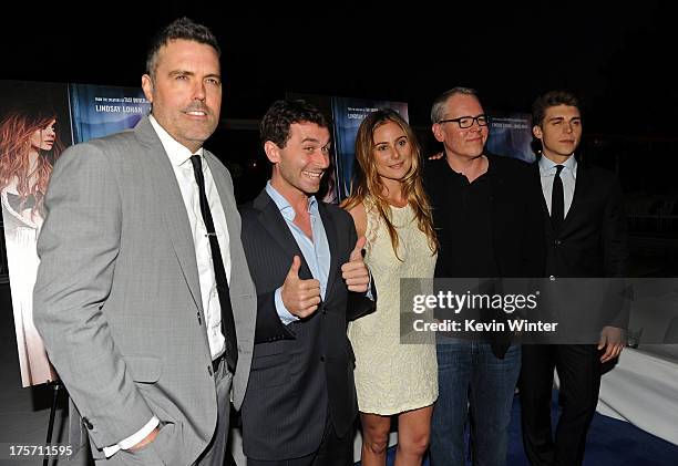 Producer Braxton Pope, actors James Deen, Amanda Brooks, writer Bret Easton Ellis, and actor Nolan Gerard Funk arrives at the premiere of IFC Film's...