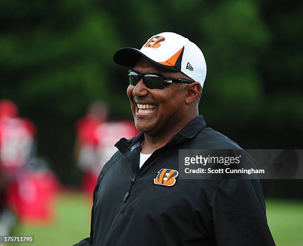 Head Coach Marvin Lewis of the Cincinnati Bengals watches practice against the Atlanta Falcons at the Atlanta Falcons Training Complex on August 6...