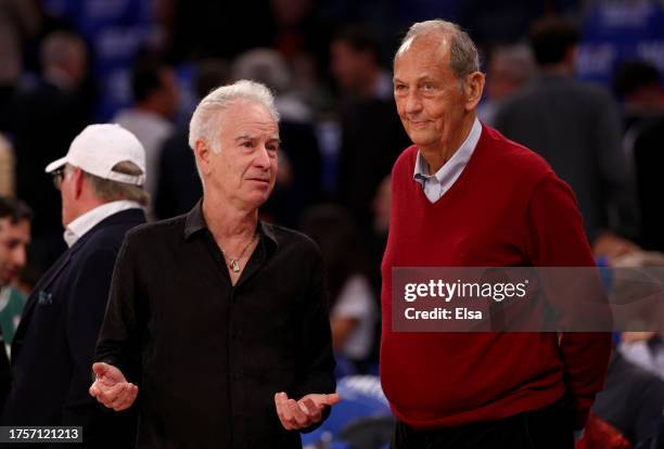 John McEnroe and Bill Bradley attend the game between the New York Knicks and the Boston Celtics at Madison Square Garden on October 25, 2023 in New...