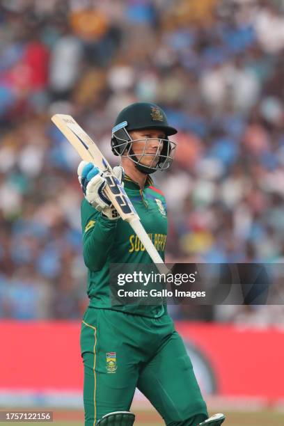 Rassie van der Dussen of South Africa leaves the field after being dismissed during the ICC Men's Cricket World Cup 2023 match between South Africa...