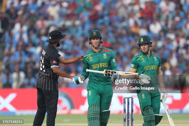 Rassie van der Dussen of South Africa leaves the field after being dismissed during the ICC Men's Cricket World Cup 2023 match between South Africa...