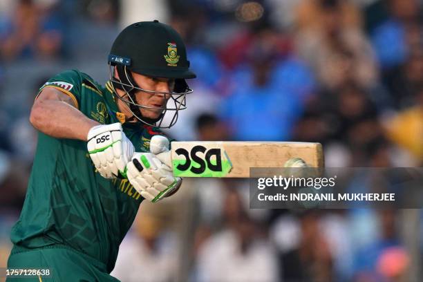 South Africa's David Miller plays a shot during the 2023 ICC Men's Cricket World Cup one-day international match between New Zealand and South Africa...