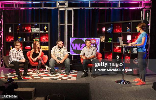 Kevin Lieber, Meg Turney, Matt Mira, Bobak Ferdowsi and Shira Lazar attends What's Trending Live From YouTube's Geek Week at YouTube Space LA on...