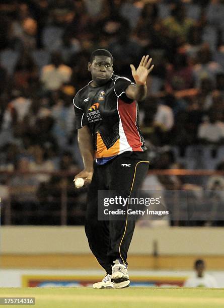 Rahkeem Cornwall of Antigua Hawksbills bowling against St. Lucia Zouks during the Eighth Match of the Caribbean Premier League between Antigua...