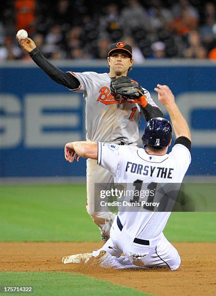 Brian Roberts of the Baltimore Orioles throws over Logan Forsythe of the San Diego Padres to turn a game-ending double play during the ninth inning...