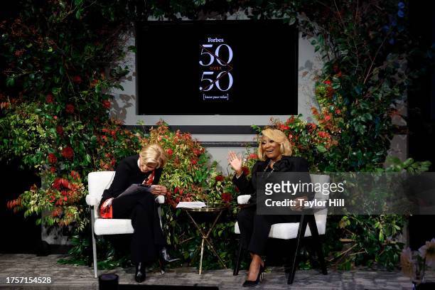 Patti LaBelle and Mika Brzezinski speak during the Forbes x Know Your Value 50 Over 50 Celebration luncheon at Forbes on Fifth on October 25, 2023 in...