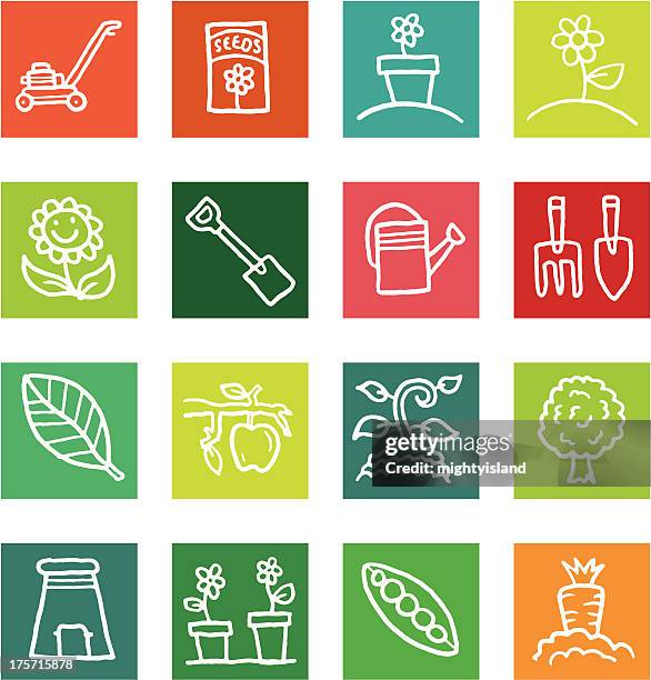 gardening and nature block icon set - weeding stock illustrations