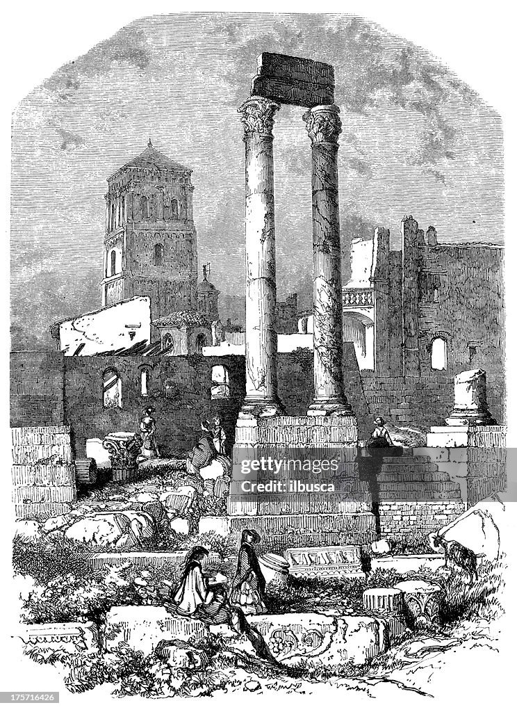 Antique illustration of Arles theatre ruins