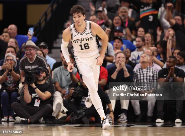 Cedi Osman of the San Antonio Spurs reacts after a basket during the third quarter against the Dallas Mavericks at Frost Bank Center on October 25,...