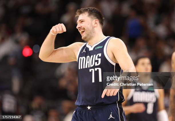 Luka Doncic of the Dallas Mavericks reacts after a 126-119 victory against the San Antonio Spurs at Frost Bank Center on October 25, 2023 in San...