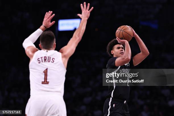 Cameron Johnson of the Brooklyn Nets shoots the ball during the second quarter of the game against the Cleveland Cavaliers at Barclays Center on...