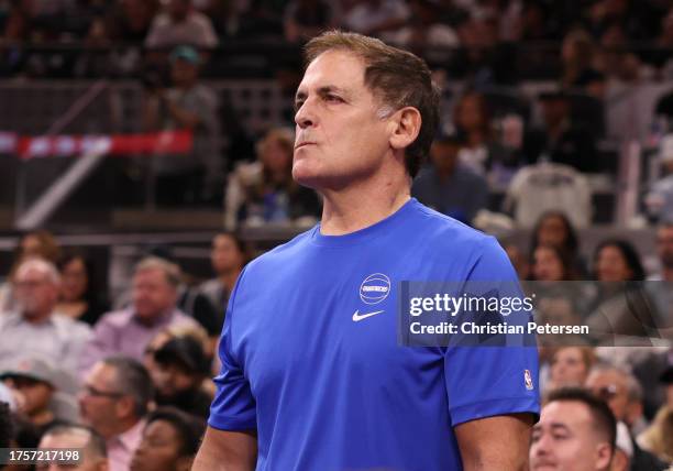 Dallas Mavericks owner Mark Cuban looks on during the fourth quarter against the San Antonio Spurs at Frost Bank Center on October 25, 2023 in San...