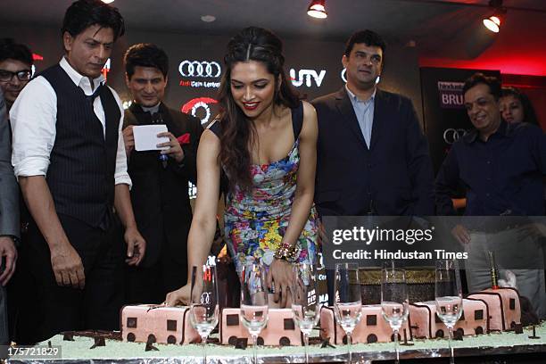 Bollywood actors Shahrukh Khan, Deepika Padukone and Producer Siddharth Roy Kapur promoting film during HT Brunch Night with Chennai Express at The...