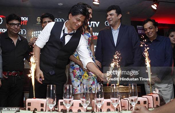 Bollywood actors Shahrukh Khan, Deepika Padukone and Producer Siddharth Roy Kapur promoting film during HT Brunch Night with Chennai Express at The...