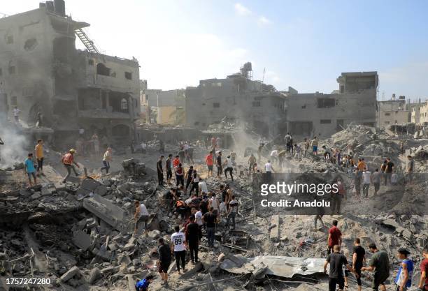 Palestinians conduct a search and rescue operation after the second bombardment of the Israeli army in the last 24 hours at Jabalia refugee camp in...