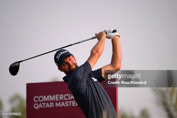 Scott Jamieson of Scotland tees off on the 16th hole during Day One of the Commercial Bank Qatar Masters at Doha Golf Club on October 26, 2023 in...