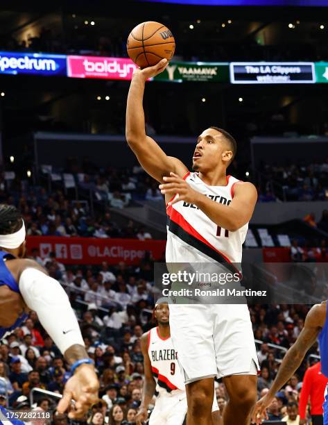 Malcolm Brogdon of the Portland Trail Blazers takes a shot against the LA Clippers in the second half at Crypto.com Arena on October 25, 2023 in Los...