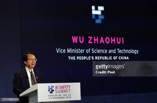 Wu Zhaohui, China's Vice Minister of Science and Technology, speaks at the AI Safety Summit at Bletchley Park, on November 1, 2023 in Bletchley,...