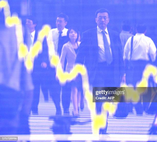 Pedestrians are reflected on a share prices board in Tokyo on September 16, 2008. Japanese share prices dropped 605.04 points to close at 11,609.72...