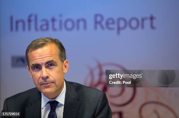 Mark Carney, governor of the Bank of England, speaks during the bank's quarterly inflation report news conference at the Bank of England on August 7,...