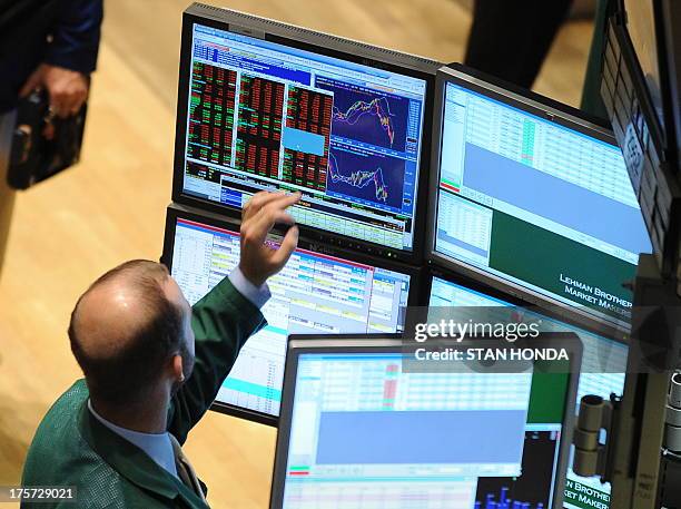 Two traders on the floor of the New York Stock Exchange on September 16, 2008 just after the opening bell. Global stock markets went into a dizzying...