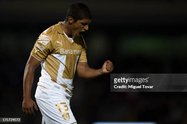 Candido Ramirez of Pumas celebrates a goal against Leones Negros during a match between Pumas and Leones Negros as part of the Copa MX at Olympic...