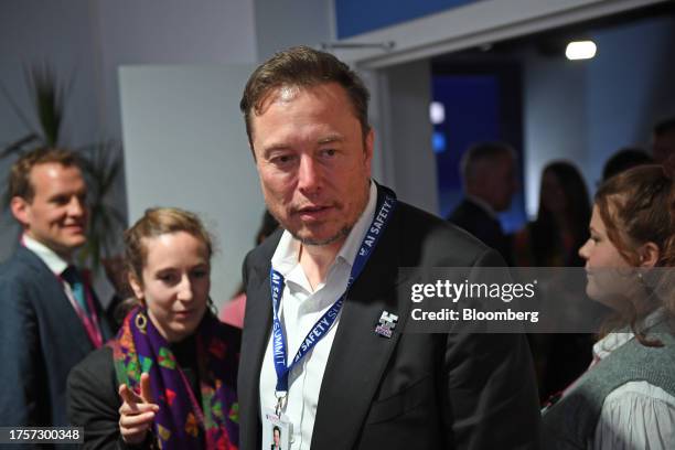 Elon Musk, chief executive officer of Tesla Inc., at the AI Safety Summit 2023 at Bletchley Park in Bletchley, UK, on Wednesday, Nov. 1, 2023. The...