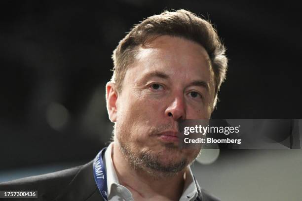 Elon Musk, chief executive officer of Tesla Inc., at the AI Safety Summit 2023 at Bletchley Park in Bletchley, UK, on Wednesday, Nov. 1, 2023. The...