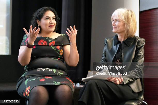 Yalda Moaiery and Willow Bay speak onstage during The International Women's Media Foundation 2023 Courage in Journalism Awards on October 25, 2023 in...