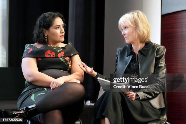 Yalda Moaiery and Willow Bay speak onstage during The International Women's Media Foundation 2023 Courage in Journalism Awards on October 25, 2023 in...
